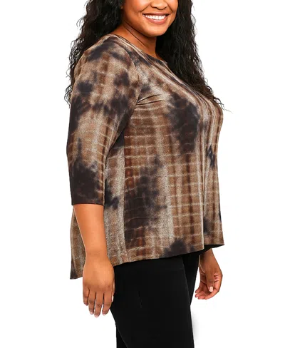 Coin 1804 Plus Size Tie Dye Cozy Button Back 3/4 Sleeve Top In Brown
