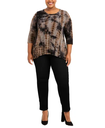 Coin 1804 Plus Size Tie Dye Cozy Button Back 3/4 Sleeve Top In Brown