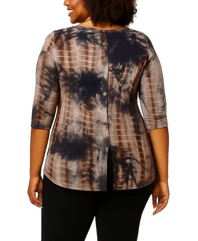 Coin 1804 Plus Size Tie Dye Cozy Button Back 3/4 Sleeve Top In Brown