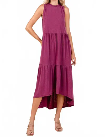 Mittoshop Ruffle Mock Neck Hi Low Maxi Dress In Magenta In Burgundy