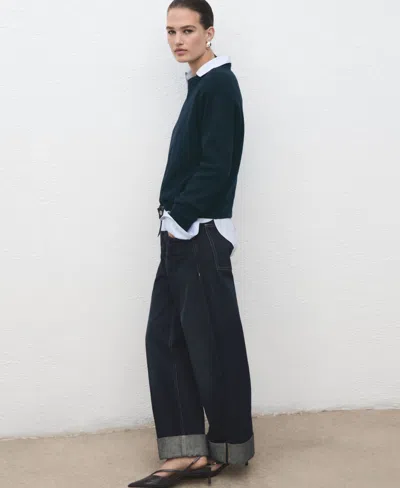 Mango Crewneck Cotton & Wool Blend Sweater In Green