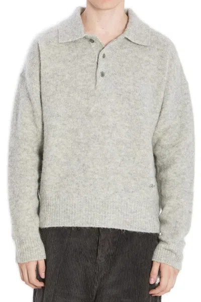 Ami Alexandre Mattiussi Light Grey Knit Sweater With Polo Collar And Three-button Placket In Gray