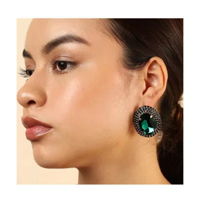 Sohi Women's Green Embellished Oval Stud Earrings In Gold
