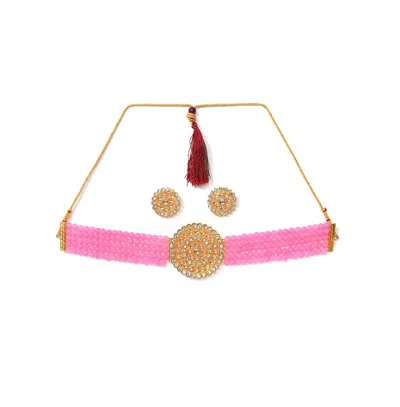 Sohi Women's Gold Plated Kundan Beaded Jewellery Set In Pink