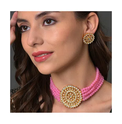 Sohi Women's Gold Plated Kundan Beaded Jewellery Set In Pink