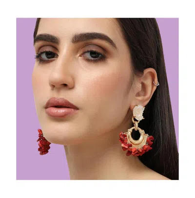 Sohi Women's Red Cluster Stone Drop Earrings In Gold