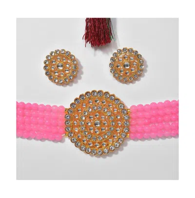 Sohi Women's Gold Plated Kundan Beaded Jewellery Set In Pink