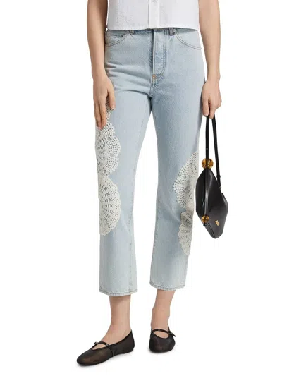 Frame The Crochet Vertical High Rise Ankle Straight Jeans In Wisp In Blue