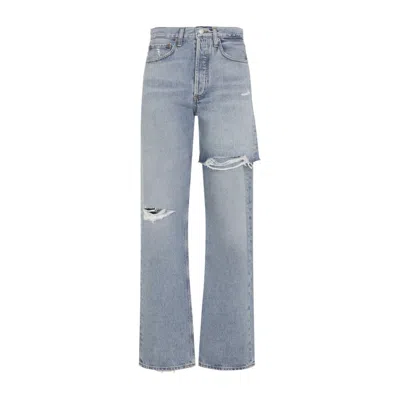 Agolde Cotton Denim Ripped Trousers In Blue