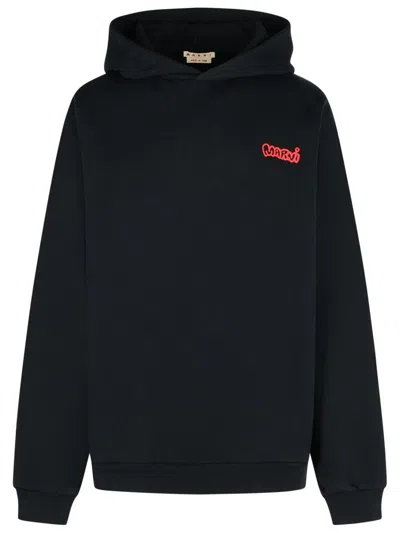Marni Hooded Cotton Sweatshirt Graphic Print In Black