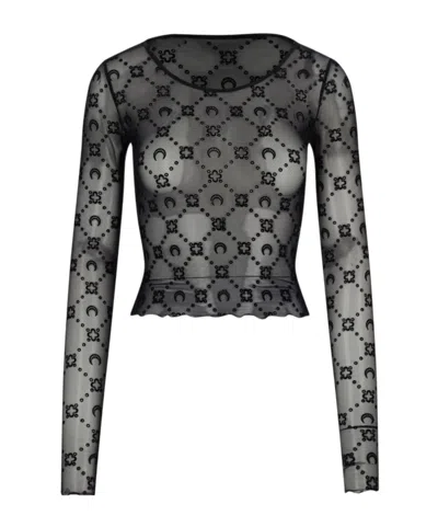 Marine Serre Moonogram-flocked Mesh T-shirt In Black