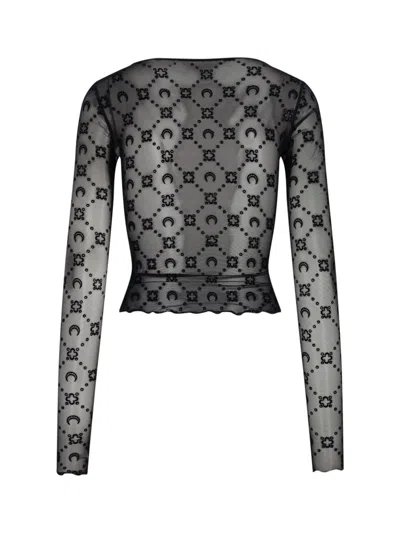Marine Serre Moonogram-flocked Mesh T-shirt In Black