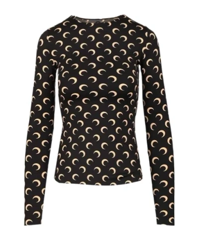 Marine Serre Moon Printed Jersey Ls Crewneck Top Tops Black In Black