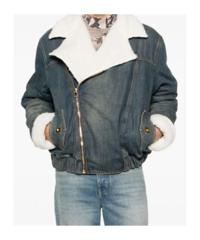 Balmain Shearling Collar Buttoned Pocket Jacket In Gray