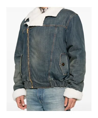 Balmain Shearling Collar Buttoned Pocket Jacket In Gray
