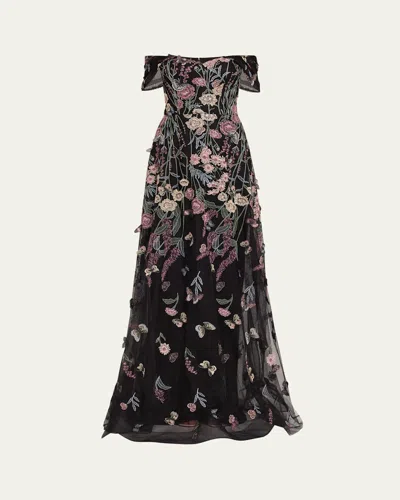 Rickie Freeman For Teri Jon Off-shoulder Embroidered Tulle Gown In Multi