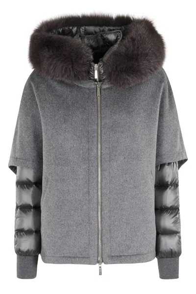 Moorer Short Cape In Dark Gray Cashmere Wool With Detachable Goose Down Jacket In Gray