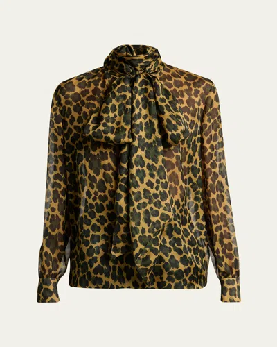 Saint Laurent Pussy-bow Leopard-print Silk-mousseline Blouse In Orange