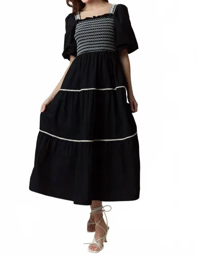 Peach Love Katie Smocked Fall Midi Dress In Classic Black In Black