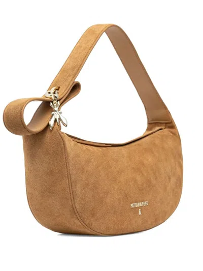 Patrizia Pepe Light Brown Suede Shoulder Bag With Bow Detail And Signature Accents In Brown