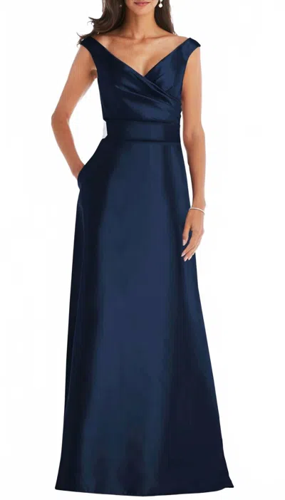 Alfred Sung Draped One-shoulder Satin Maxi Dress With Pockets In Blue
