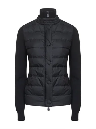 Moncler Black Stretch Merino Wool Padded Cardigan In Blue