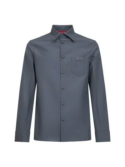 Gucci Technical Fabric Shirt Featuring Horsebit Detail In Gray