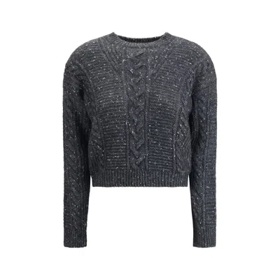 Max Mara Cropped Boxy Sweater In Alpaca-blend Yarn Interwoven With Metallic Fibers In Gray