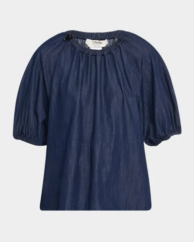 Max Mara Talia Puff-sleeve Gathered Top In Blue