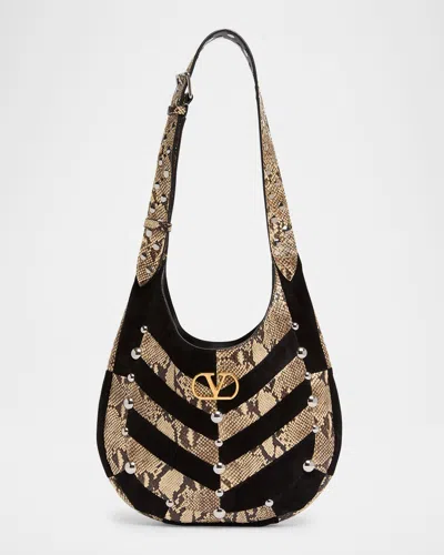 Valentino Garavani  Garavani Hoboho Small Hobo Bag In Python And Chevron-patterned Suede Wi In Black