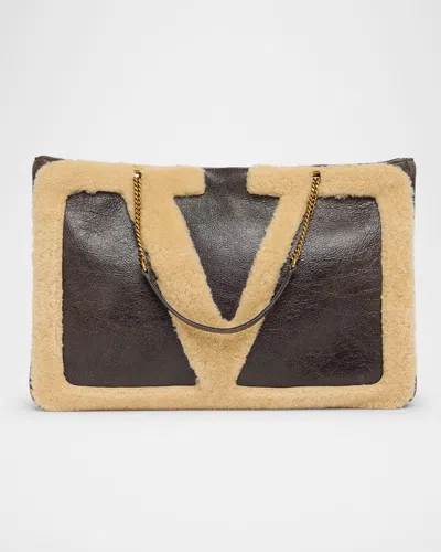 Valentino Viva Superstar Large Shearling Vlogo Tote Bag In Brown