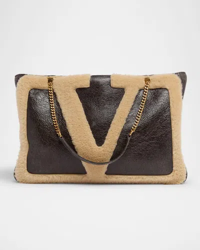 Valentino Viva Superstar Medium Shearling Shopping Shoulder Bag In Brown