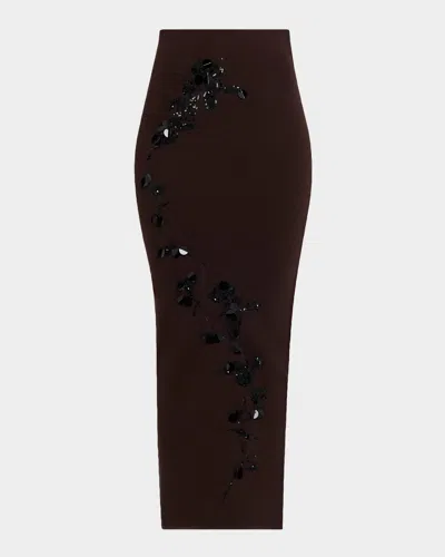 Alberta Ferretti Sequin Embroidered Merino Wool Knit Midi Skirt In Burgundy