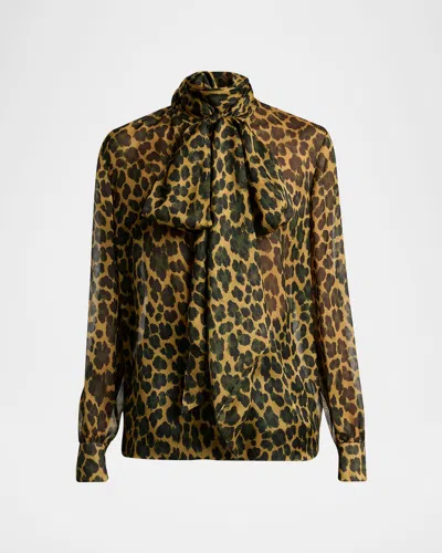 Saint Laurent Pussy-bow Leopard-print Silk-mousseline Blouse In Orange