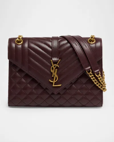 Saint Laurent Envelope Triquilt Medium Ysl Shoulder Bag In Smooth Quilted Leather In Burgundy