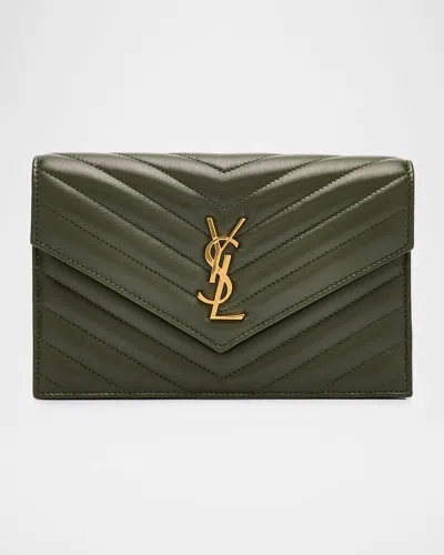 Saint Laurent Small Ysl Wallet On Chain In Grain Leather In Green