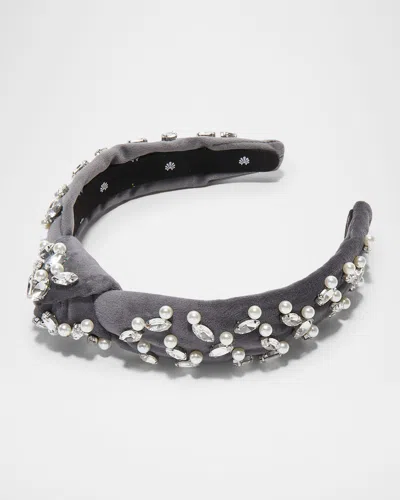 Lele Sadoughi Slim Knotted Crystal-embellished Velvet Headband In Gray