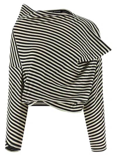 Junya Watanabe Asymmetric Striped Long Sleeve Cropped Sweater In Multi