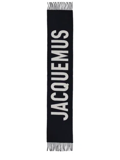 Jacquemus Long Rectangular Wool Scarf With Logo In Black