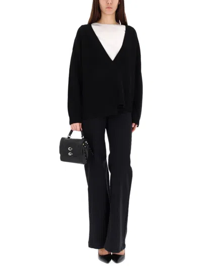 Zona20 Milano Deep V-neck Black Merino Wool Sweater With Oversized Fit In Black