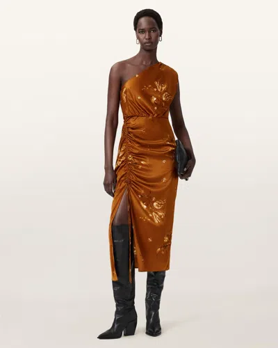 Allsaints Womens Ania Rust Brow Laura One-shoulder Silk-blend Midi Dress In Brown