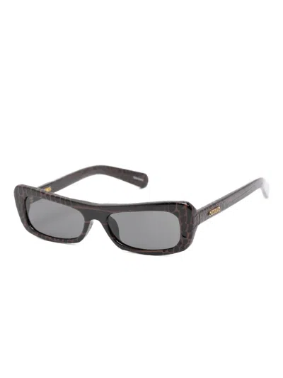 Jacquemus Rectangular Brown Frame Sunglasses With Textured Pattern In Black