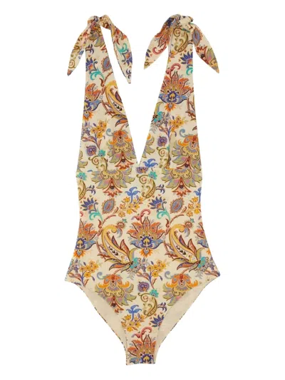 Etro Tie-shoulder Paisley-print Swimsuit In Neutral