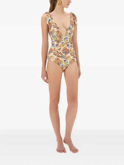 Etro Tie-shoulder Paisley-print Swimsuit In Neutral