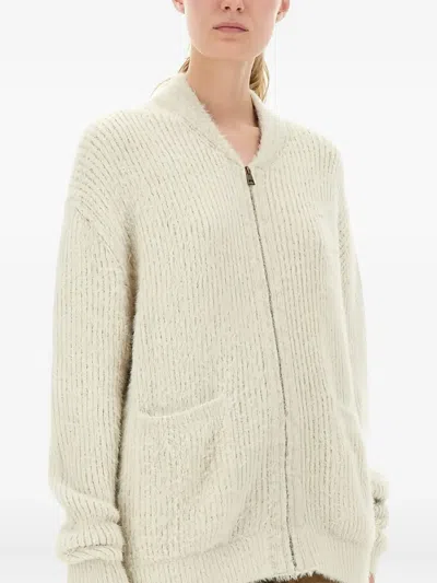 Uma Wang Ribbed Knit Cardigan With Plush Texture And Zipper Closure In Neutral