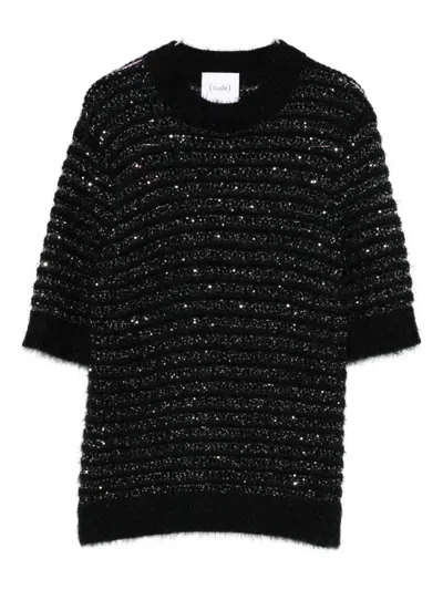 Nude Sequin-embellished T-shirt In Black