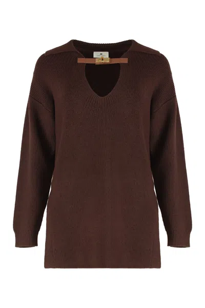 Elisabetta Franchi Sweater In Mixed Wool With A Jewel Strap In Brown