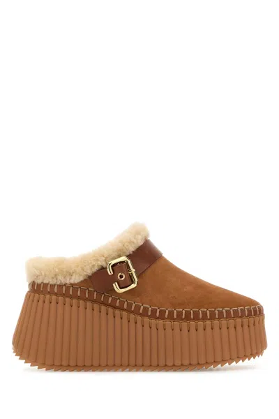 Chloé Nama 80 Shearling-lined Suede Platform Mules In Brown