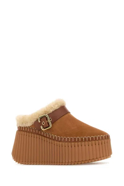 Chloé Nama 80 Shearling-lined Suede Platform Mules In Brown