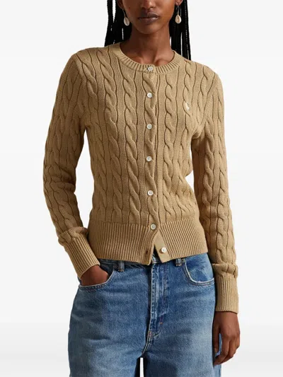 Polo Ralph Lauren Cable-knit Cotton Crewneck Cardigan Clothing In Neutral